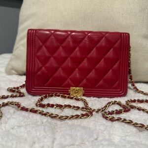 Chanel Red Caviar Leather Boy Wallet on Chain | Gold HW | Entrupy Authenticated